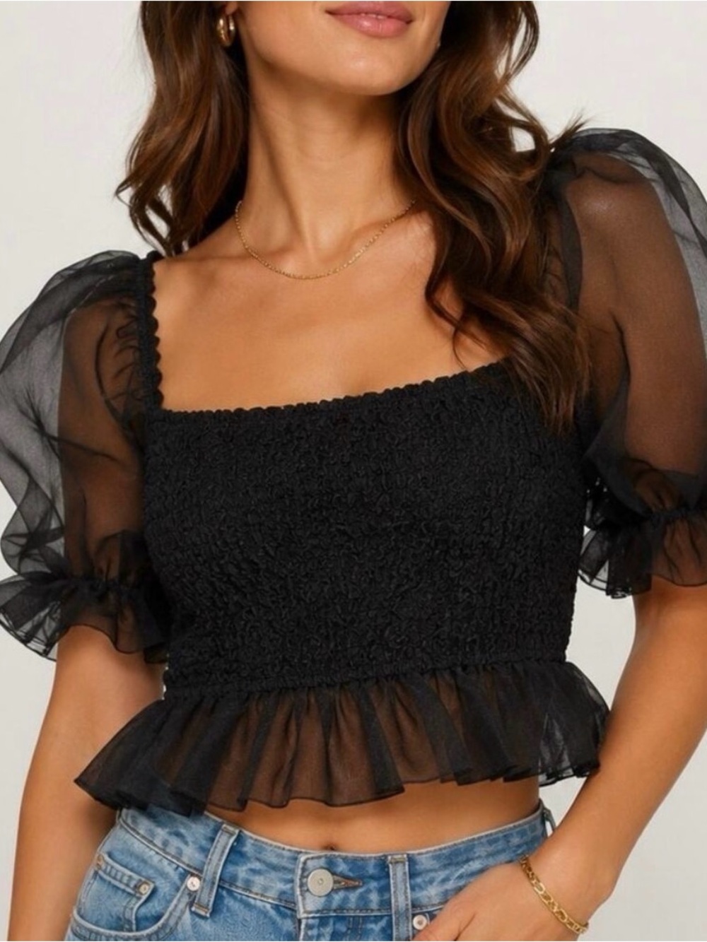STAUD Cannon Black Organza Smocked Puff Sleeve Crop Top Size L NWT